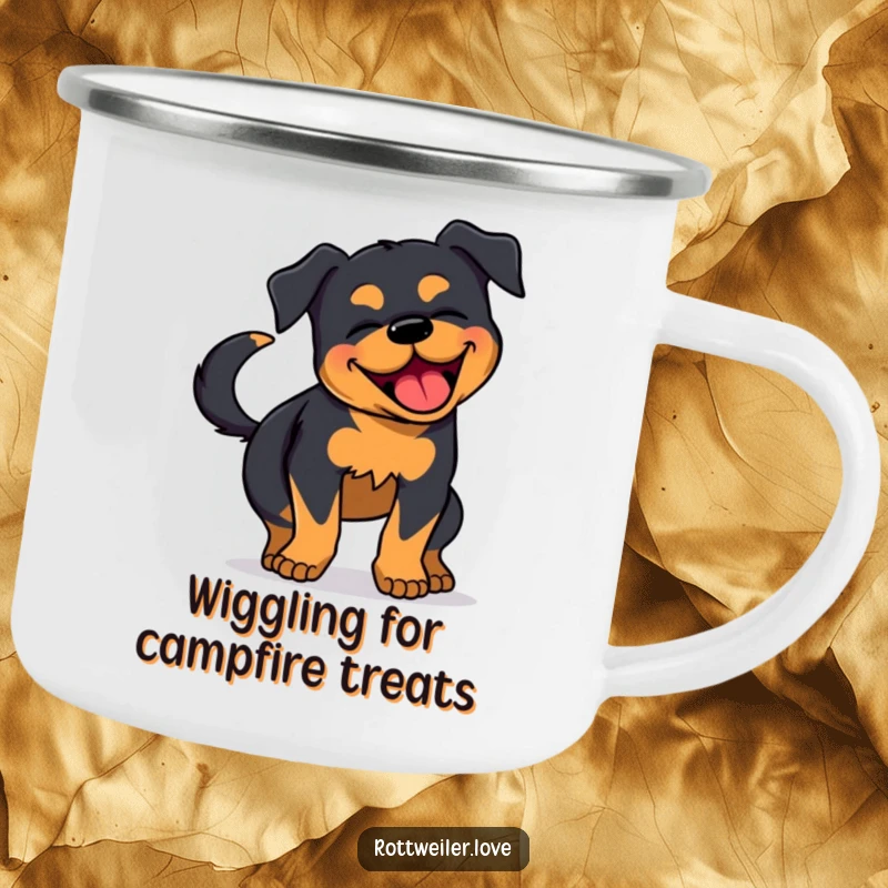 Funny Rottweiler Camping Mug: A durable mug with a Rottweiler wiggling with joy and its tail wagging, ready for the outdoors.