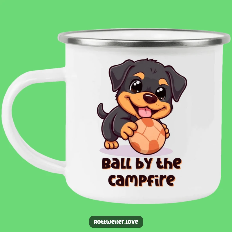 Funny Rottweiler Camping Mug: Playful Ball, Happy Eyes, Outdoor Gift!
