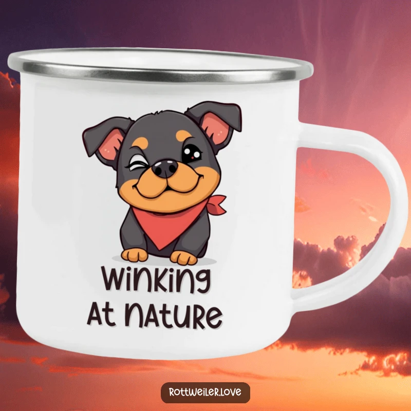 Funny Rottweiler camping mug showing a dog wearing a silly bandana and giving a playful wink, perfect for outdoor enjoyment and dog lovers.