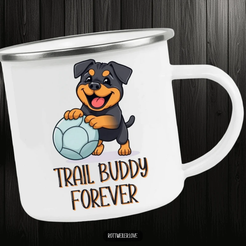 Funny rottweiler camping mug with a happy dog playing fetch with a large ball, perfect for humorous outdoor enjoyment.