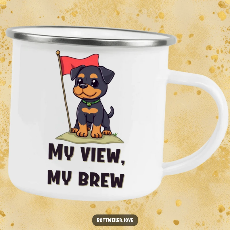 Funny Rottweiler dog with a flag on a hill, adding patriotic humor to this durable camping mug.