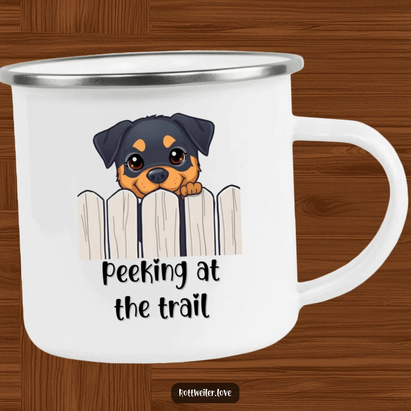 Funny Rottweiler camping mug featuring a dog peeking over a fence with curious eyes, perfect for outdoor humor.