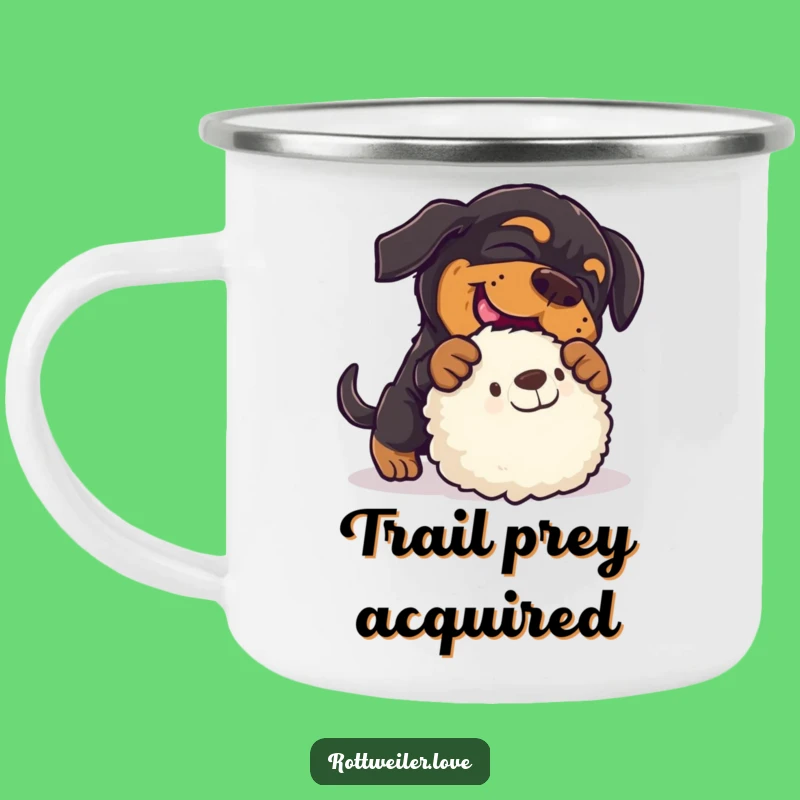 Funny Rottweiler Pounce Camping Mug: Playful Dog, Toy Attack Adventures!