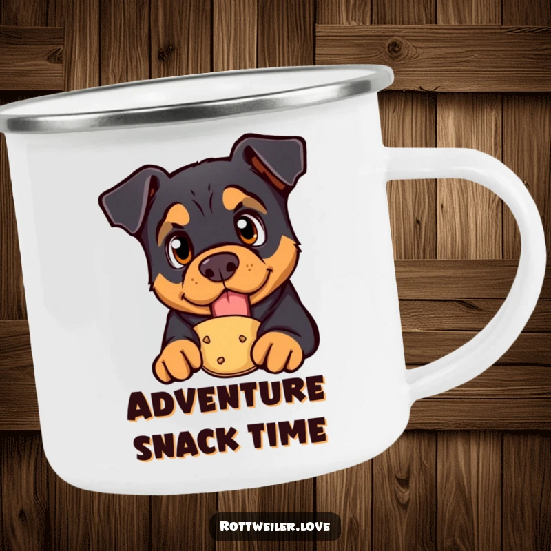 Funny rottweiler camping mug with a curious dog with bright eyes looking at a treat, perfect for humorous outdoor enjoyment.