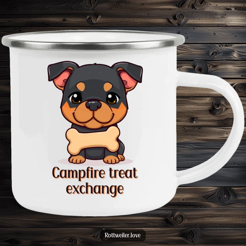 Funny shy Rottweiler dog offers a bone, adding sweet canine humor to this durable camping mug.