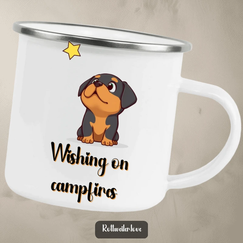 Funny Rottweiler dog looking up in surprise at a falling star, depicted on a rugged camping mug.
