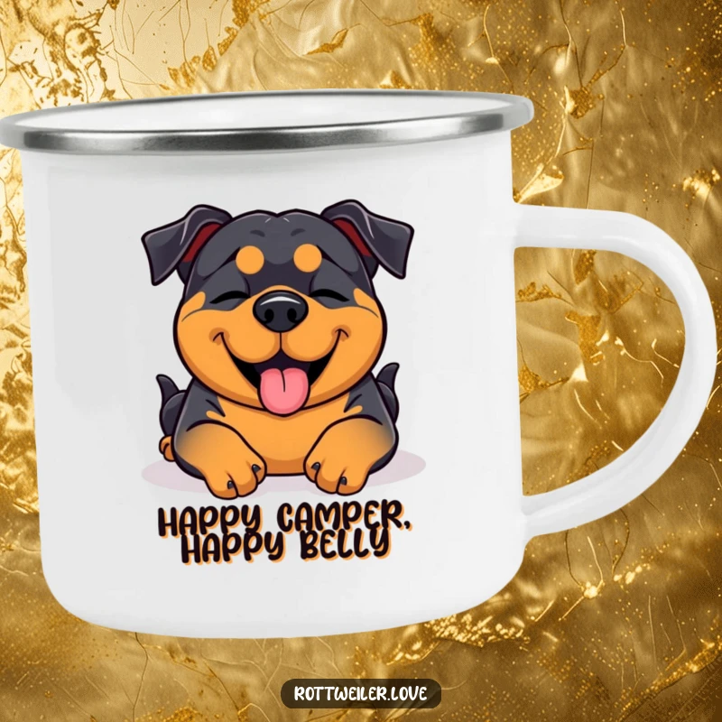 Funny Rottweiler camping mug showing a blissful belly rub with closed eyes, perfect for outdoor relaxation.