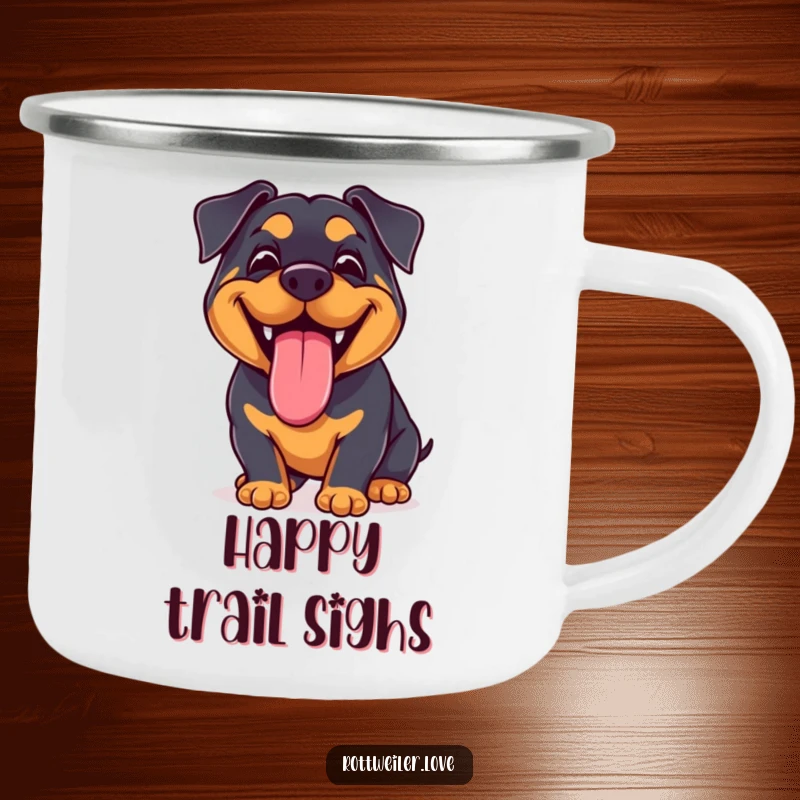 Funny Kawaii Rottweiler Camping Mug featuring a joyful dog with a big grin and lolling tongue, ideal for outdoor adventures.
