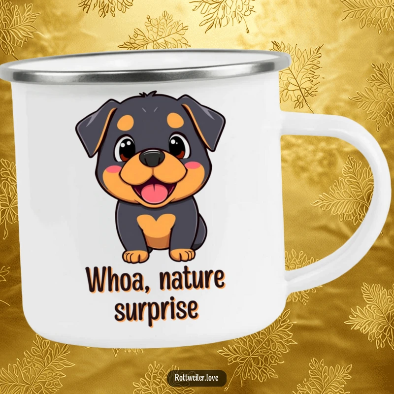 Funny Kawaii Rottweiler camping mug with a dog’s surprised and happy expression, perfect for enjoying beverages outdoors with a smile.