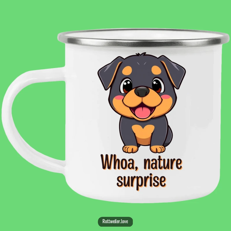 Outdoor Funny Kawaii Rottweiler Camping Mug: Happy surprise, a rugged funny gift for adventurers.