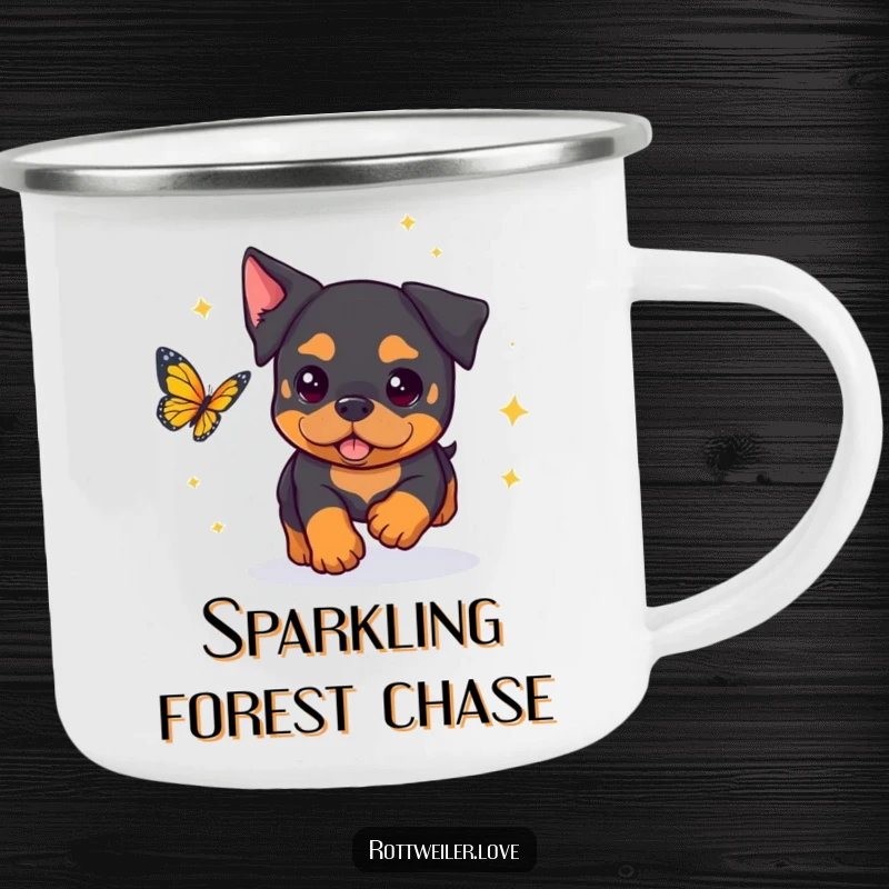 Funny Kawaii Rottweiler Camping Mug showing a cute rottweiler shimmering with sparkles, playfully chasing a butterfly on the go.