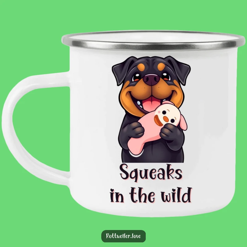 Funny Rottweiler Camping Mug: Big Smile, Squeaky Toy, Adventure Dog Gift!