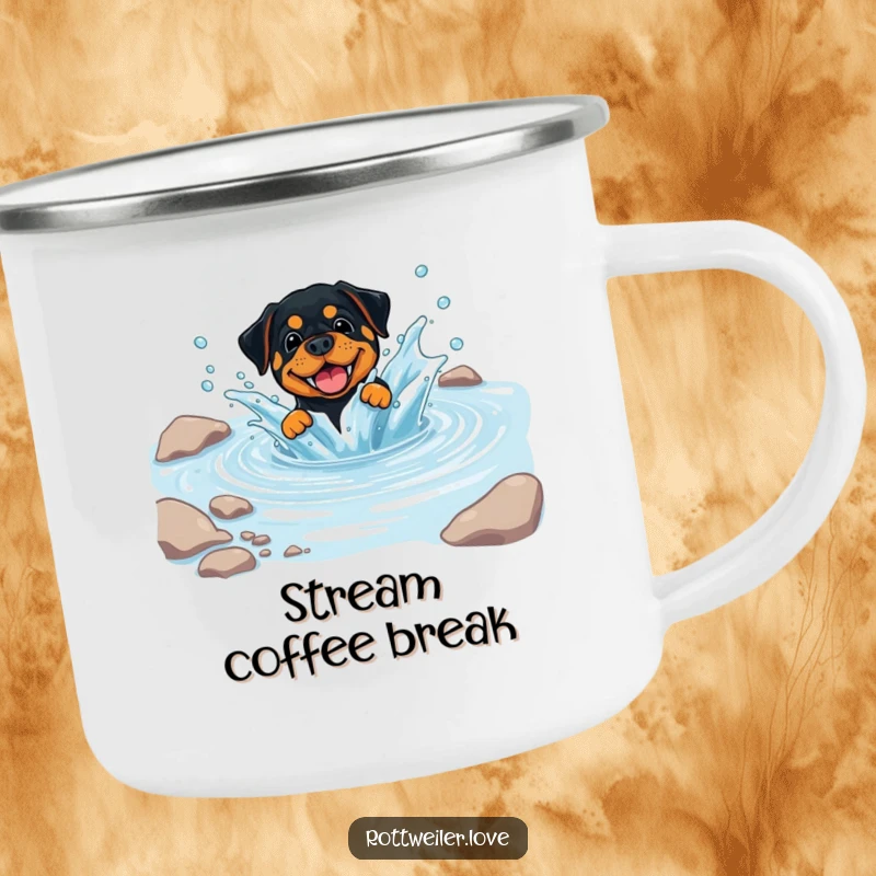 Funny Rottweiler Camping Mug showing a dog playfully splashing in a clear, cool stream, perfect for outdoor refreshment.