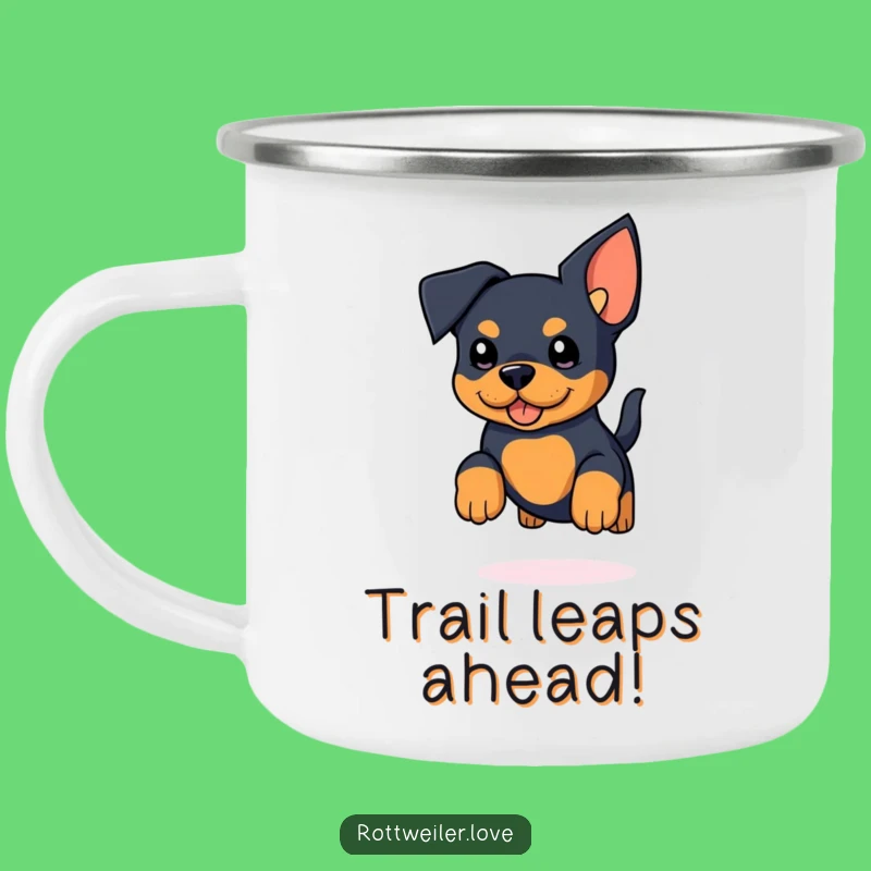 Funny Kawaii Rottweiler Camping Mug - Oversized Ears, Jumping Pup - Outdoor Gift!
