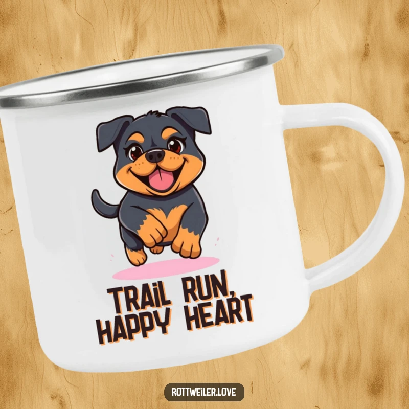 Funny Kawaii Rottweiler camping mug depicting a determined and cheerful dog in mid-run, perfect for enjoying drinks outdoors.