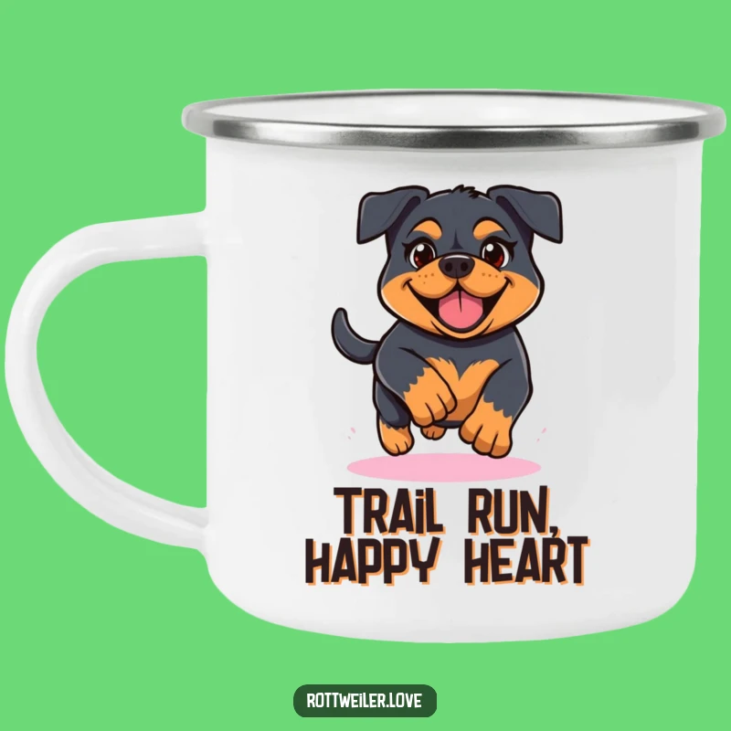 Funny Kawaii Rottweiler Running Camping Mug, Determined Dog Enamel Cup, Cheerful Pup Outdoor
