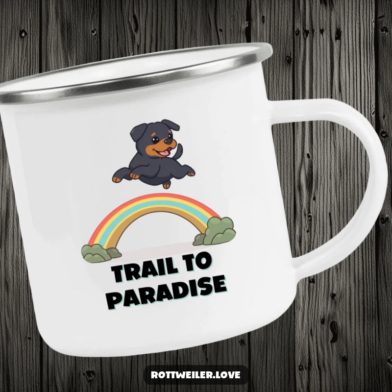 Funny Rottweiler dog leaping over a rainbow bridge, adding heartwarming pet memorial humor to this durable camping mug.