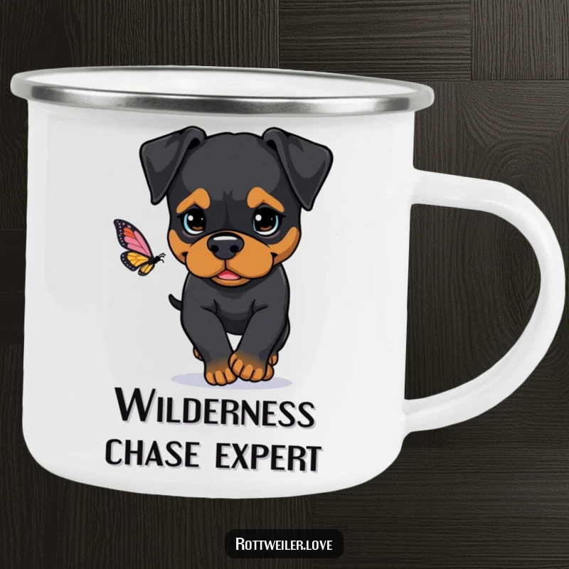 Funny Rottweiler camping mug featuring a determined dog chasing a butterfly, perfect for rugged journeys and unwavering focus.