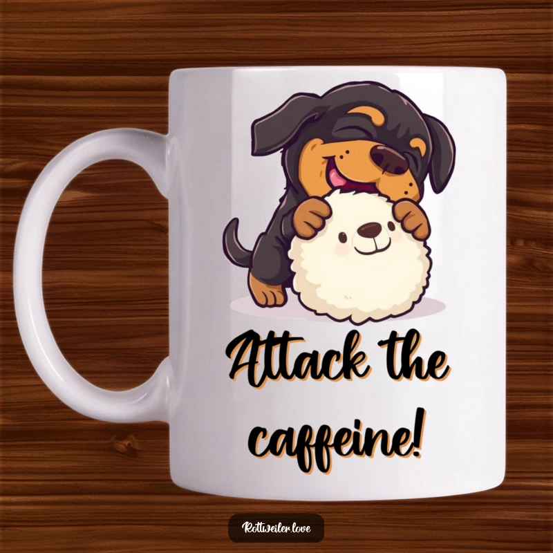 Funny rottweiler mug depicting a dog playfully pouncing with full force onto a soft, fluffy stuffed toy, full of action.