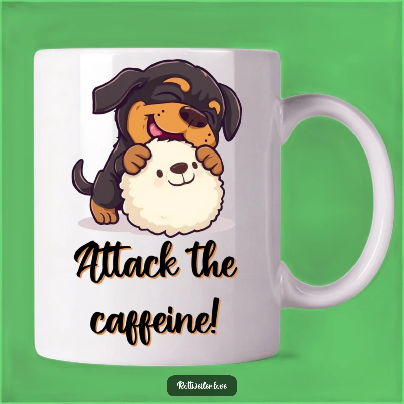 Funny Rottweiler Pouncing Mug: Playful Dog Toy Attack, Hilarious Gift!