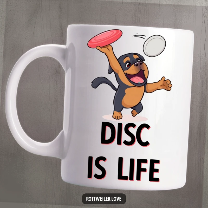 Funny Rottweiler mug showing an energetic dog leaping to catch a flying disc, embodying speed, excitement, and playful determination.