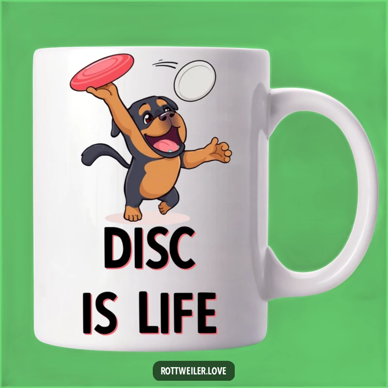 Funny Rottweiler Disc Mug: Energetic Dog Catching Fun, Perfect Gift!