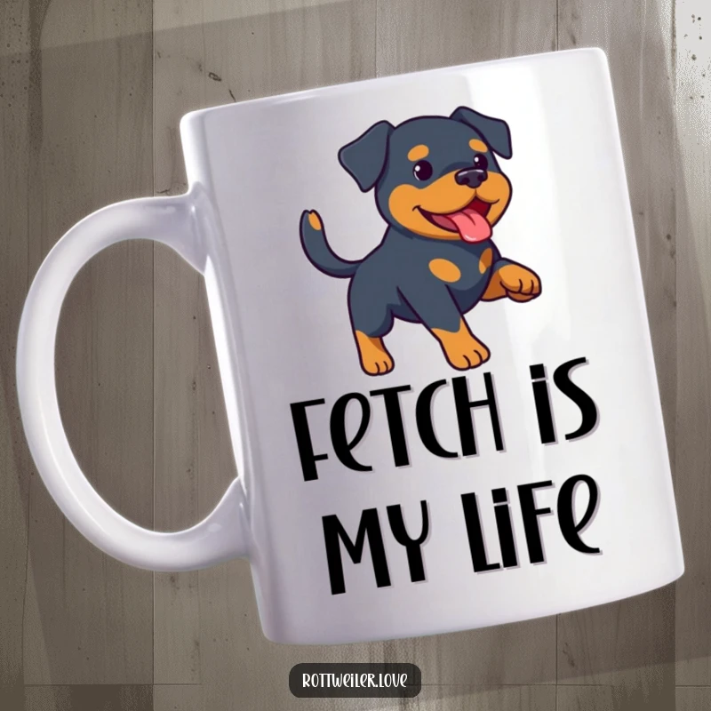 Funny Rottweiler mug with a happy Rottweiler mid-fetch, tail wagging, tongue out, ready to play. High-quality ceramic for dog lovers.
