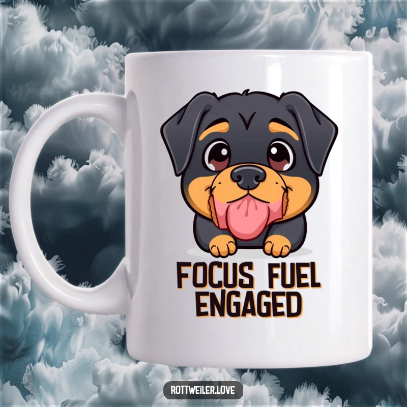 Funny Kawaii Rottweiler Mug depicting an adorable rottweiler with wide, hopeful eyes intently balancing a treat on its nose.