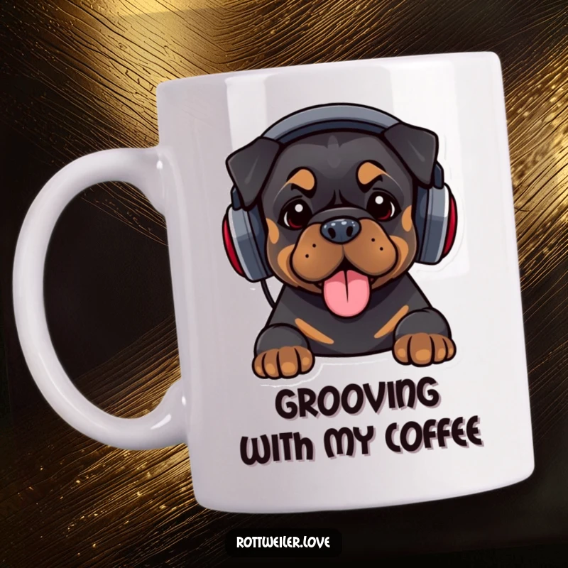 Funny mug featuring a Rottweiler wearing oversized headphones and bopping its head, radiating musical joy and humorous vibes.