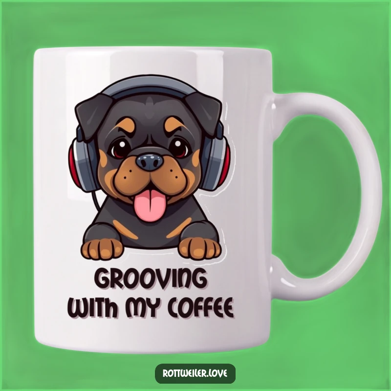 Funny DJ Rottweiler Mug: Oversized Headphones Beat, Humorous Music Gift