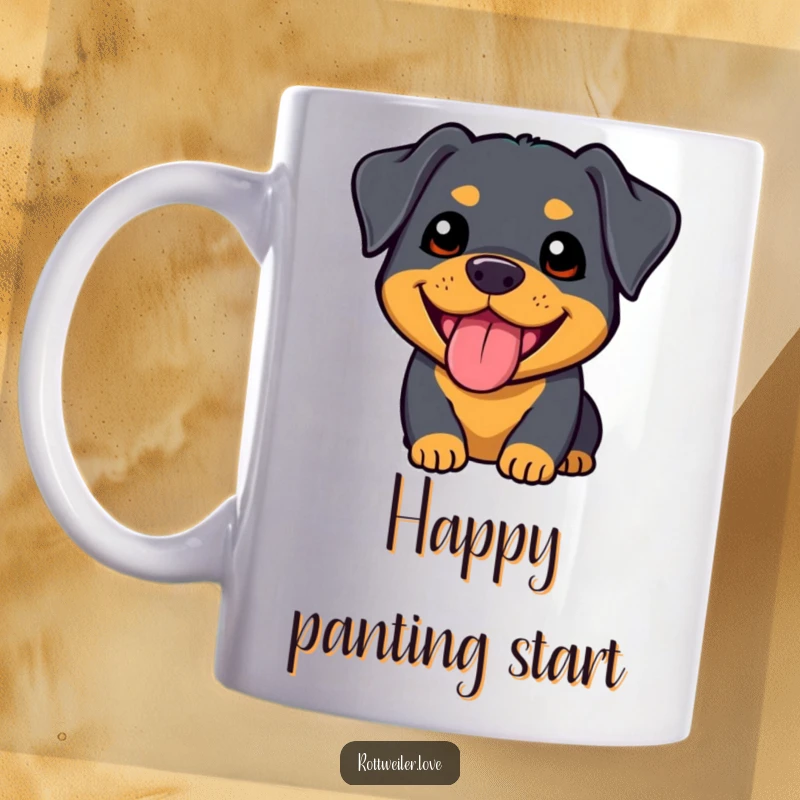 Funny kawaii rottweiler mug featuring an extremely cute dog with a happy panting expression, radiating pure joy and affection.