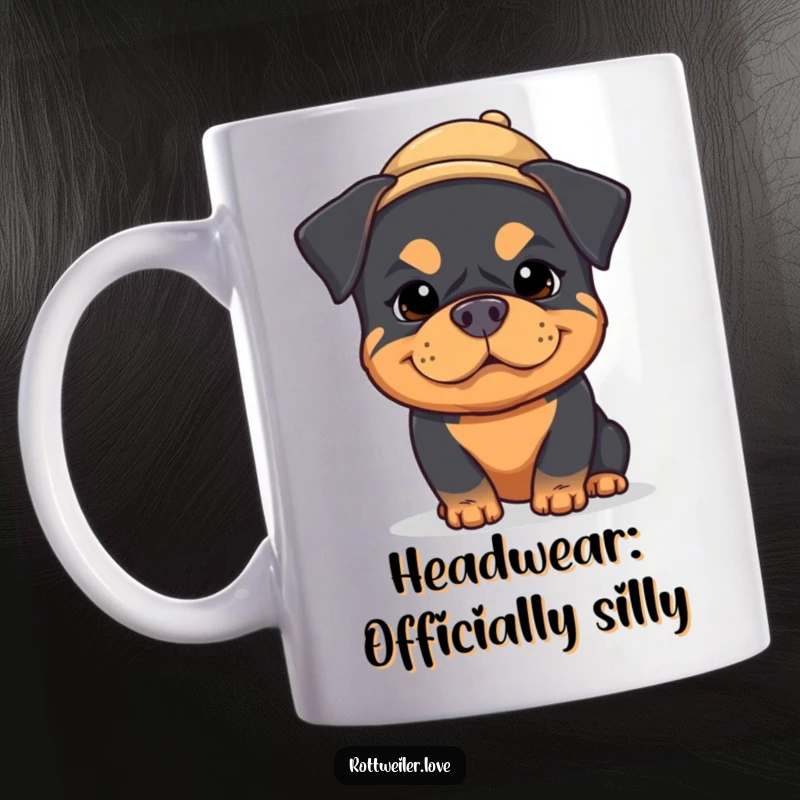 Funny kawaii rottweiler mug with a silly, goofy expression, wearing a comically small hat, bringing joy and laughter.