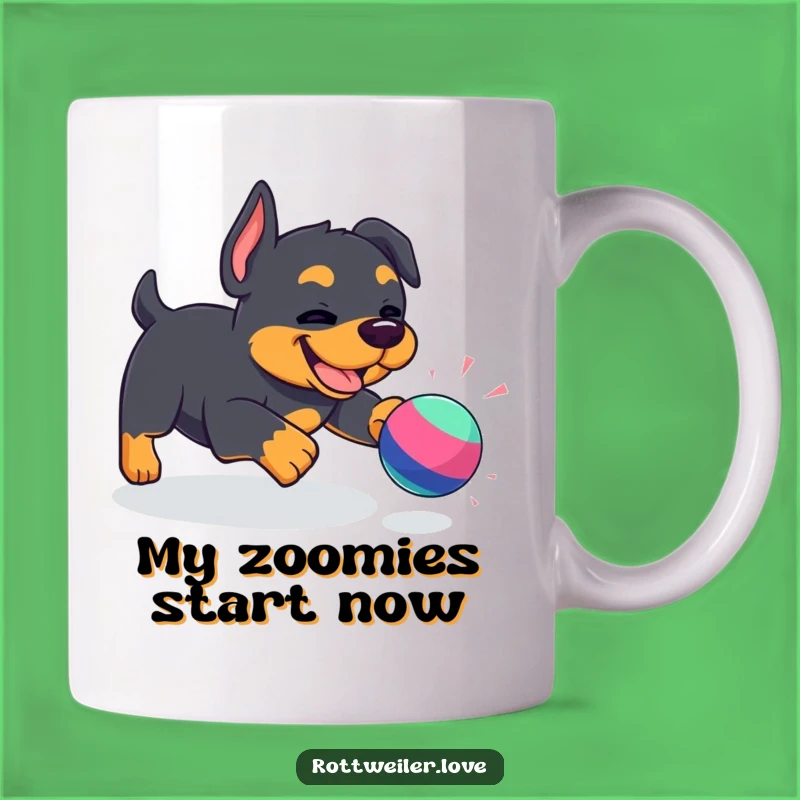 Funny Kawaii Rottweiler Mug: Playful pup chasing toy, a delightful funny gift for dog lovers.