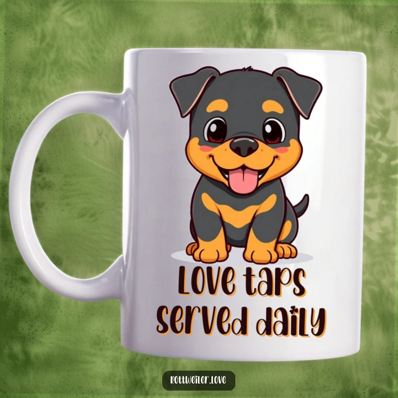 Funny Kawaii Rottweiler mug showing a happy dog giving a gentle, affectionate head nudge, radiating warmth and love.