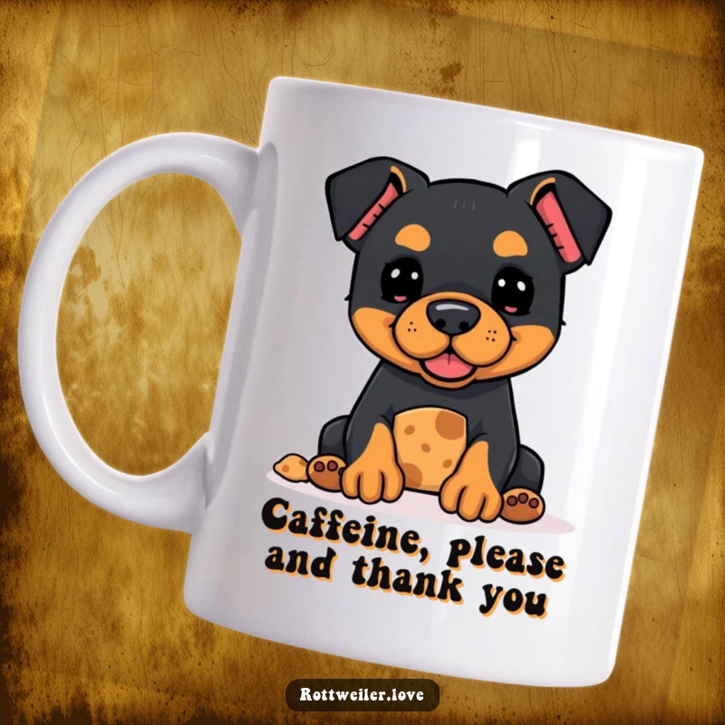 Funny Kawaii Rottweiler mug featuring a cute dog offering a treat with a hopeful expression, perfect for dog lovers.