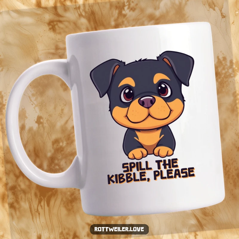 Cute rottweiler with ears perked, listening intently with a focused expression, captured on this humorous mug.