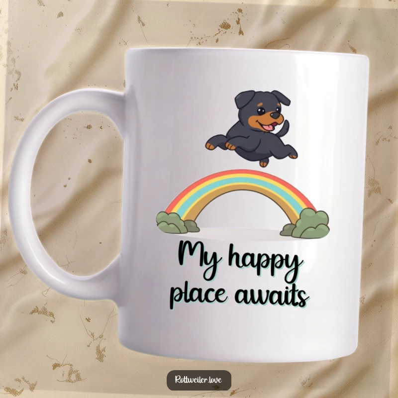 Funny Rottweiler dog joyfully leaps over a rainbow bridge, symbolizing a heartwarming pet memorial humor on this mug.