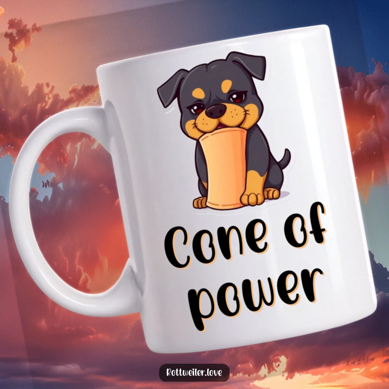 Funny Rottweiler Mug: A Rottweiler with a goofy expression struggles to balance a traffic cone.