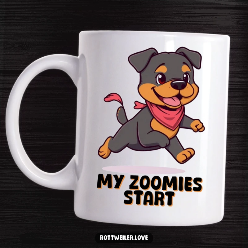 Funny Rottweiler mug with a cool Rottweiler sporting a tiny bandana, running with energy. High-quality ceramic for dog enthusiasts.