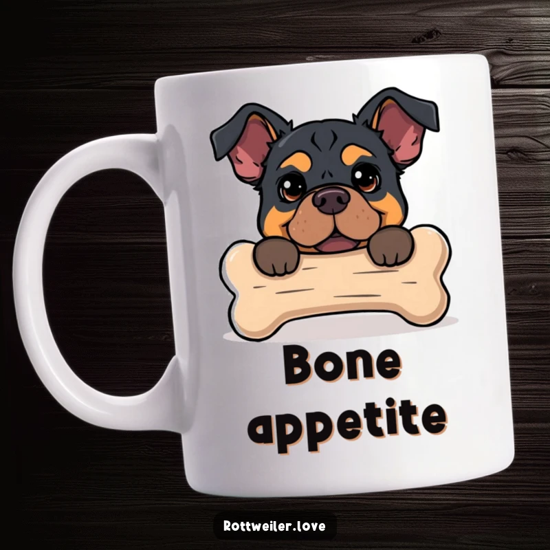 Funny mug with a Rottweiler humorously peeking out from behind an oversized dog bone, creating a playful and amusing scene.