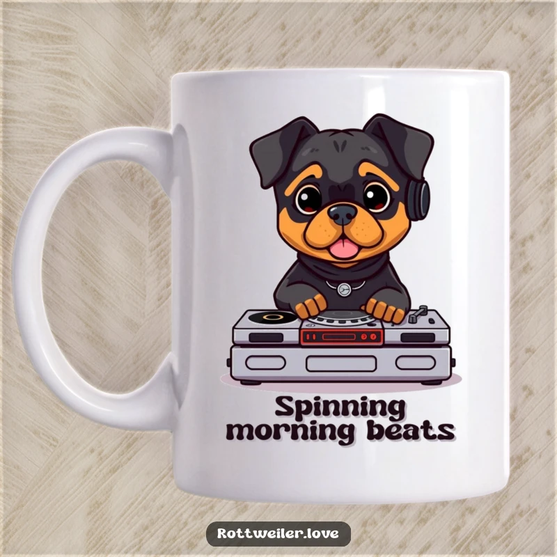 Funny Rottweiler DJ mug with a cool Rottweiler pretending to spin records on tiny turntables. High-quality ceramic for music lovers.