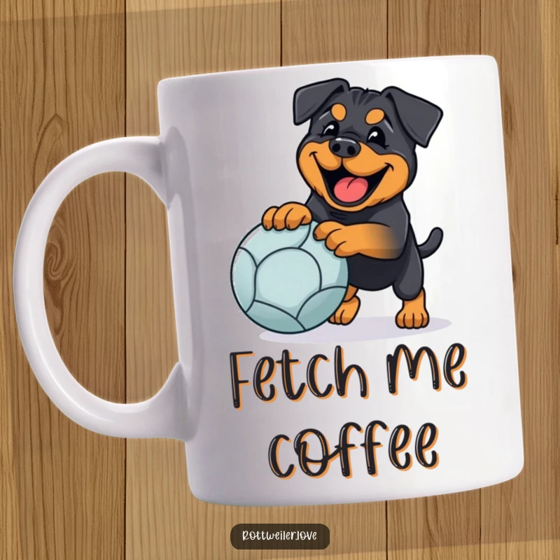 Funny rottweiler mug featuring a happy dog playing fetch with a large ball, capturing pure canine delight and humor.
