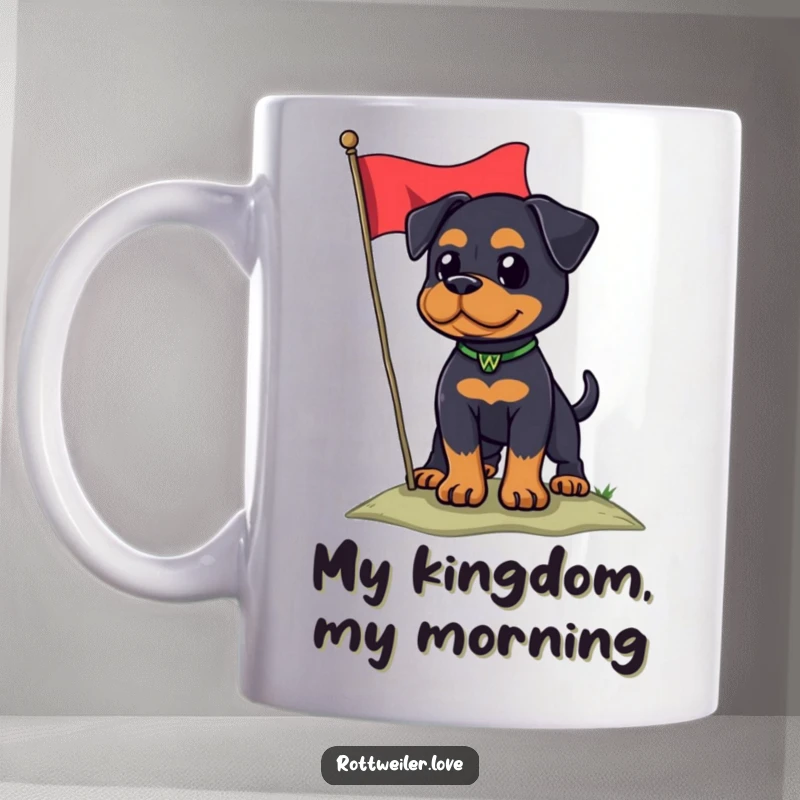 Funny Rottweiler dog proudly stands on a hill holding a flag, embodying patriotic humor on this mug.