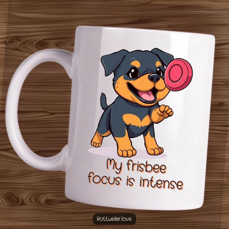 Funny Rottweiler mug with a determined dog leaping to catch a frisbee, showcasing powerful athleticism and playful spirit.