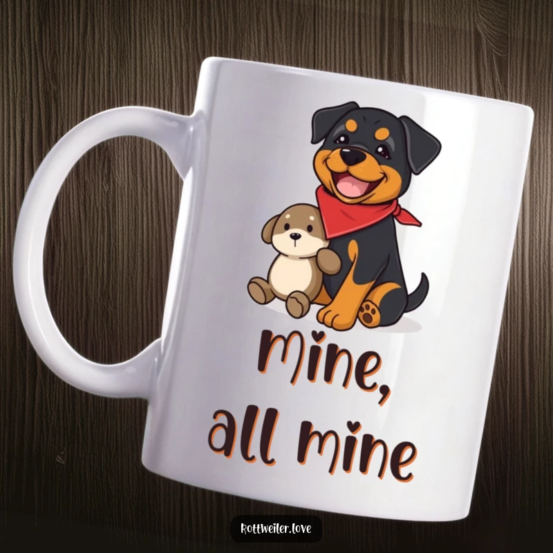 Funny rottweiler mug featuring a joyful dog wearing a bandana, guarding a plush toy, a humorous and protective canine.