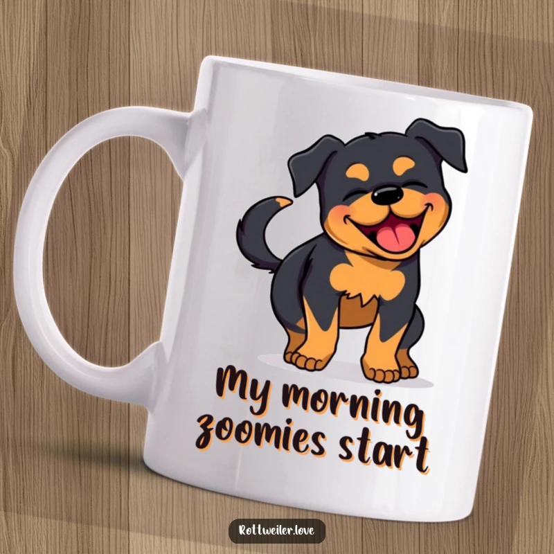 Funny Rottweiler Mug: A happy Rottweiler wiggles its whole body with pure joy, its tail wagging furiously in a comical display.