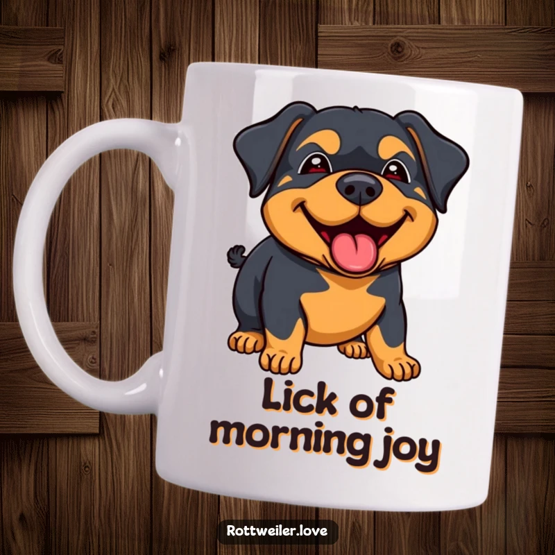 Funny rottweiler mug showing a dog with a happy, joyous expression giving a big, friendly lick, conveying warmth and love.