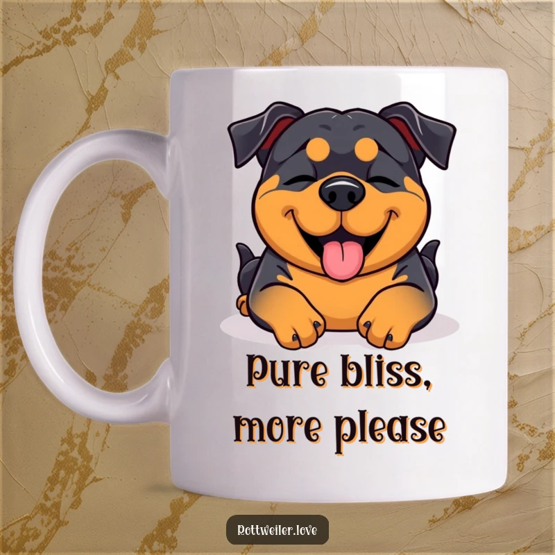 Funny Rottweiler dog with eyes closed in ecstasy, enjoying a belly rub, depicted on a happy mug.