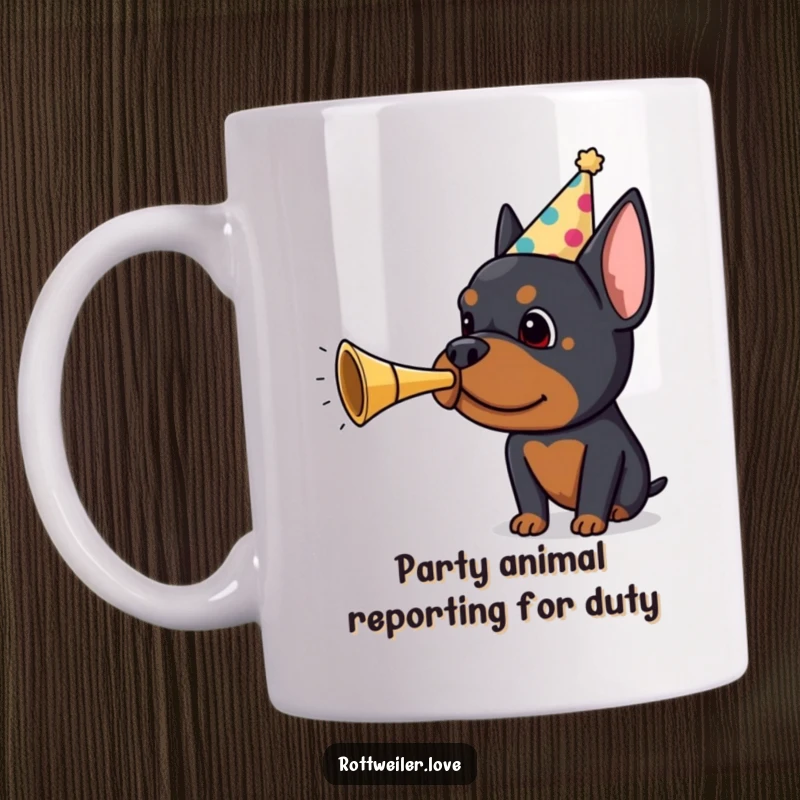 Funny Rottweiler party mug with a cheerful dog in a hat blowing a small horn, spreading birthday cheer and playful vibes.