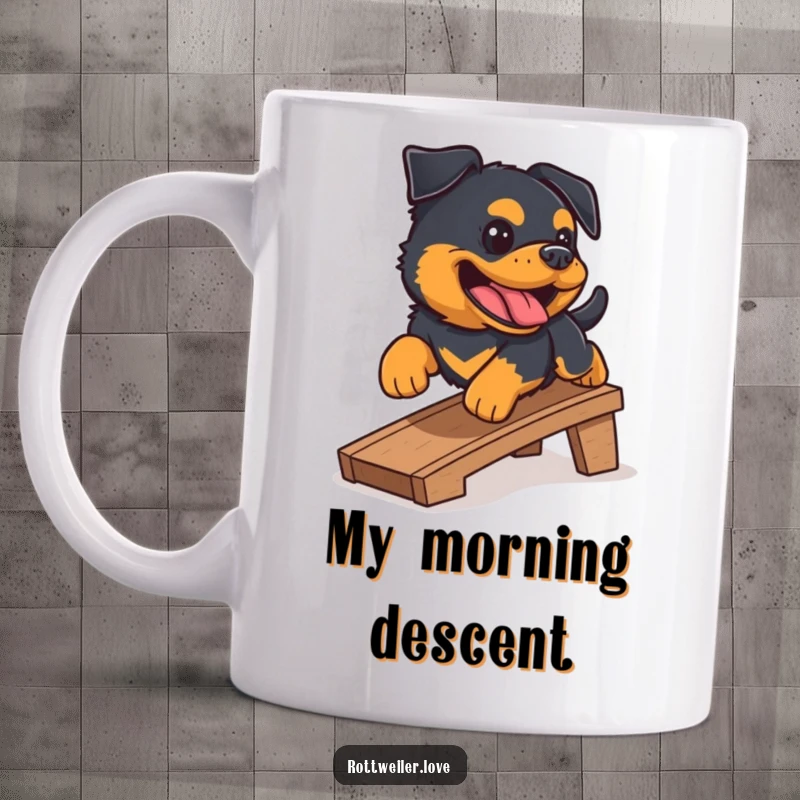Funny Rottweiler mug featuring a happy Rottweiler sliding down a small ramp with a gleeful bark. Perfect for dog enthusiasts.